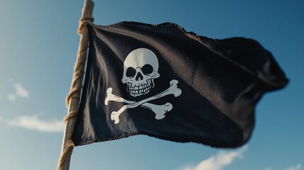 Fototapeta premium Black flag with skull and crossbones waving against a clear blue sky. A skull-and-bones pirate flag flutters in the bright sky.