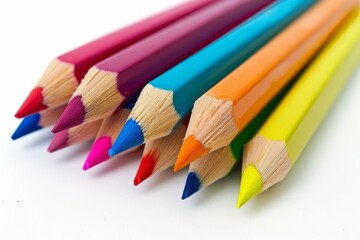 Fototapeta premium Colorful pencils forming a diagonal line on white background