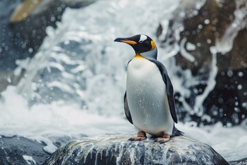 Fototapeta premium King penguin standing on rock with ocean waves splashing in background