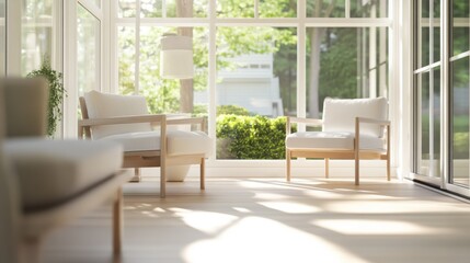 Naklejka premium Minimalist modern sunroom with clean, stylish design. Featuring neutral tones and sleek furnishings