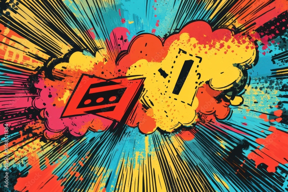 Poster colorful abstract graphic with dynamic shapes and energetic bursts, showcasing vibrant patterns and 