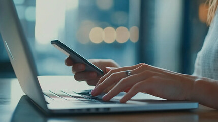 Obraz premium Close up, business woman working on laptop computer and using mobile phone at office. Woman typing on laptop and using smartphone searching the information, surfing tne internet on