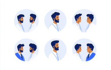 Fototapeta premium A collection of minimalist portrait icons featuring business professionals in flat design, with round backgrounds and front-facing views. 
