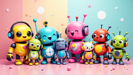 Fototapeta premium A vibrant gathering of colorful, friendly robots showcasing various shapes and features.