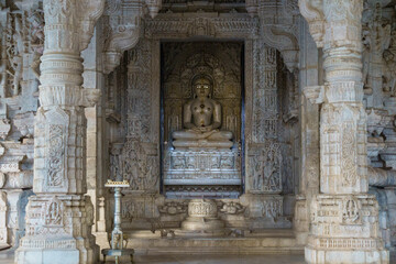 India. Rajasthan state. Ranakpur. Chaumukha Temple, also called the Ranakpur Temple dedicated to Lord Adinatha. Statue of Adinath also known as Rishabhanatha