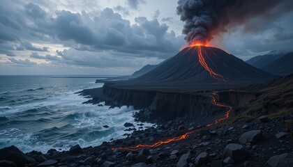 Landscape photo of an erupting volcano emitting black smoke and red lava flowing down.
