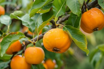 Ripe golden apples hanging on branch in orchard