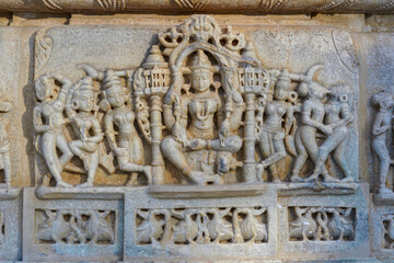 India. Rajasthan state. Ranakpur. Chaumukha Temple, also called the Ranakpur Temple dedicated to Lord Adinatha. Sculpture en bas-relief at Surya Narayan temple