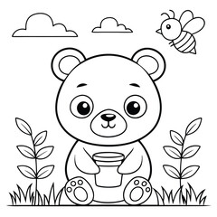 A bear is sitting in a grassy area with a cup in its paws. A bee is flying nearby