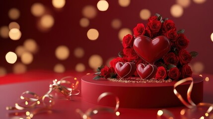 Romantic 3D red podium showcasing heart-shaped chocolates draped in roses and encircled by twinkling golden ribbons under soft lighting.