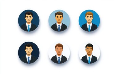 A set of clean and simple portrait icons, showing people in business attire, with a round background and front view. Each avatar has color details with white and blue accents. 