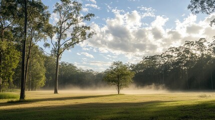 Obraz premium Misty morning meadow with trees and sunlight.