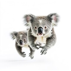 Naklejka premium Dynamic Koala Chasing Another Animal in Playful Pose on White Background – Energetic Wildlife Scene