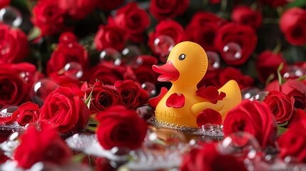 Covered by luscious red roses and bubbles there is a yellow inflatable duck