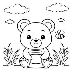 A bear is sitting in a grassy area with a cup in its paws. A bee is flying nearby
