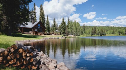 Fototapeta premium Log Cabin Lakeside Residence Peaceful Summer Day