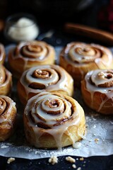 Cinnamon rolls with glaze, delicious-looking, close-up image. Culinary, pastry or sweet treat concepts