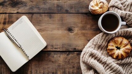Cozy autumn scene with coffee pastries and notebook