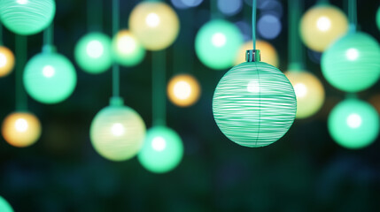 Obraz premium Abstract green bokeh lights glowing softly against a dark background. Defocused orbs create a festive and eco-inspired atmosphere, perfect for Christmas, New Year, or holiday.