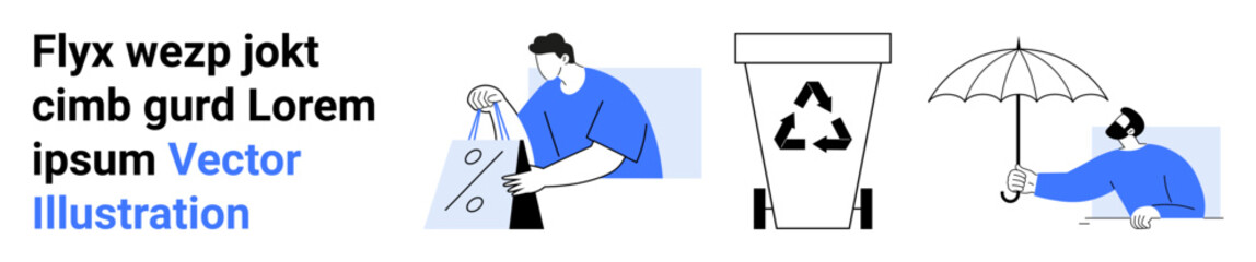 Person sorting recycling, large recycling bin, person resting under umbrella. Ideal for waste management, recycling programs, environmental protection, sustainable living, outdoor leisure, climate