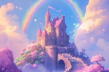 Naklejka premium A Pastel Castle on a Cloud Island with a Rainbow