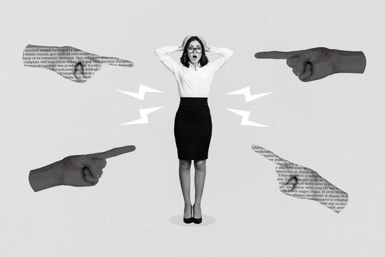 Creative collage of big arms fingers point mini black white colors girl blame accuse isolated on beige background