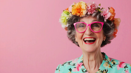 Happy laughing funny woman of old senior age, pink banner background with copy space