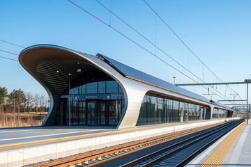 Naklejka premium A modern train station with a sleek design, featuring a curved roof, large glass windows, and empty tracks under a clear blue sky.