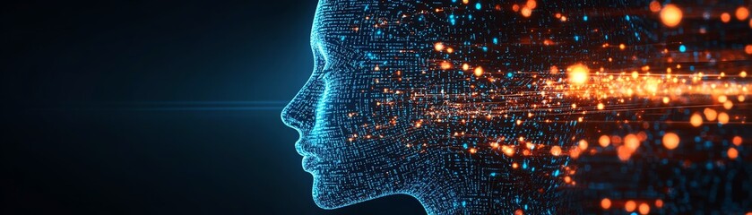 Fototapeta premium A digital human face composed of binary code and circuit patterns, symbolizing AI and machine learning