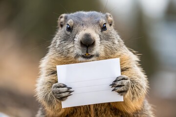  A humorous close-up photo of a groundhog holding a blank white sign, perfect for Groundhog Day mockup designs. The animal's detailed fur and expressive eyes add charm to the image.