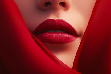 Fototapeta premium Close-up of beautiful lips adorned with vibrant red lipstick and wrapped in soft fabric.