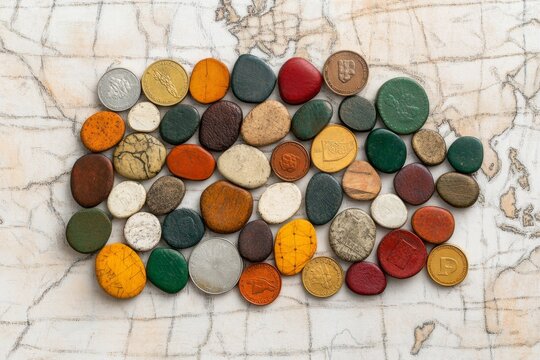 A set of foreign currency coins arranged artistically on a map, emphasizing the interconnectedness of global trade