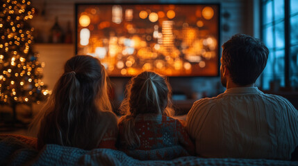 Fototapeta premium Family Watching TV Broadcast at Home with Cozy and Warm Lighting 