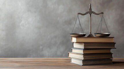 Legal scales balanced on stacked law books symbolize justice, balance. Dimly lit room suggests seriousness, careful consideration. Scene evokes concepts of law, legal principles. Image perfect for