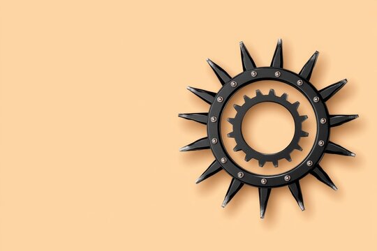 A sleek, geometric gear icon with sharp, angular teeth and a neutral color palette