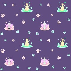 Soft cats seamless pattern, fantasy winged cats