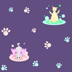 Soft cats seamless pattern, fantasy winged cats