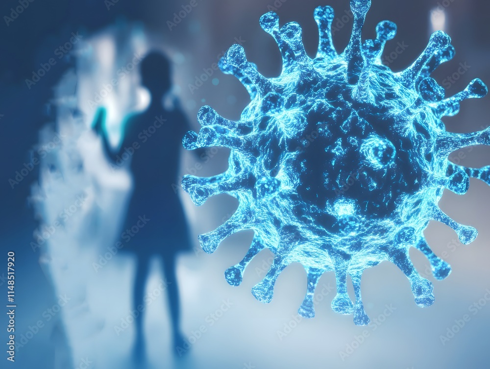 Aufkleber Young Girl Holding Smartphone While Standing Near Digital Representation of Virus Particle in Abstract Environment with Bokeh Effect in Background