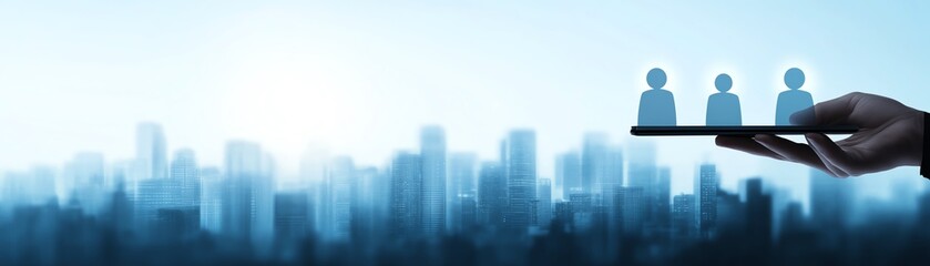 Obraz premium Man finger touch human icons, holding digital tablet on skyline background