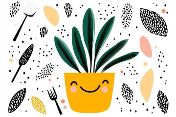 A stylized graphic of a potted plant surrounded by tiny garden tools, drawn in clean, bold lines and a bright, cheerful color palette