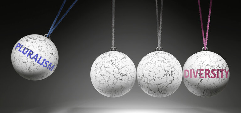 Pluralism and Diversity - cause and effect relationship. A Newton cradle metaphor showing how pluralism results in diversity. It initiates diversity. ,3d illustration