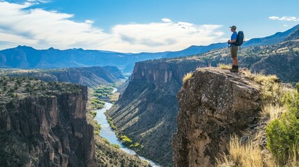 Hiker on Cliff Overlooking Valley with Panoramic Mountains and Rivers