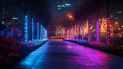 City Park Lit Up with Colorful Lights for New Year Festival, Vibrant and Magical  
