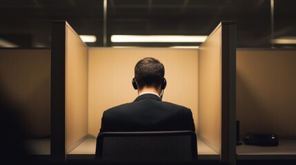 Man in suit sits at cubicle, back to camera, in dimly lit office.