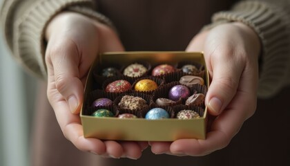 Hands holding a gold gift box filled with assorted chocolates wrapped in colorful foil