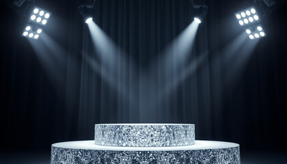 Modern podium with diamond texture under dramatic stage spotlight