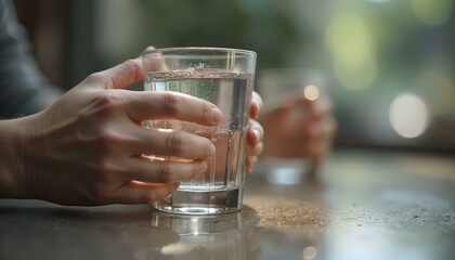 Hands holding a glass of clear water with reflections of the surrounding environment on a wooden surface