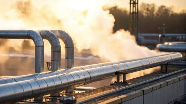 Industrial pipeline, which is a part of geothermal heating system. Shiny metal stainless steel pipes, sunset light.