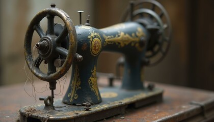Fototapeta premium Vintage sewing machine with loose threads hanging from the needle, showing signs of wear