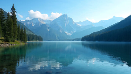 Mountain Lake Surrounded by Pine Trees